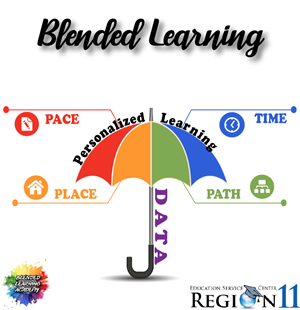 blended learning umbrella that shows data as the handle, pace, place, path and time as parts of the umbrella